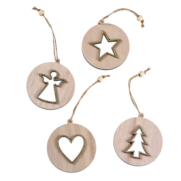 H&auml;nger Holz, Weihnachtsmotive, natur / gold, 4- fach sortiert