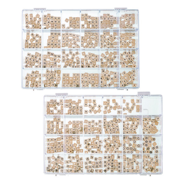 Holzperle W&uuml;rfel, 0-9/A-Z/ &Auml; /&Ouml;/ &Uuml; + 8 Motive  942-teilig / 48 F&auml;cher
